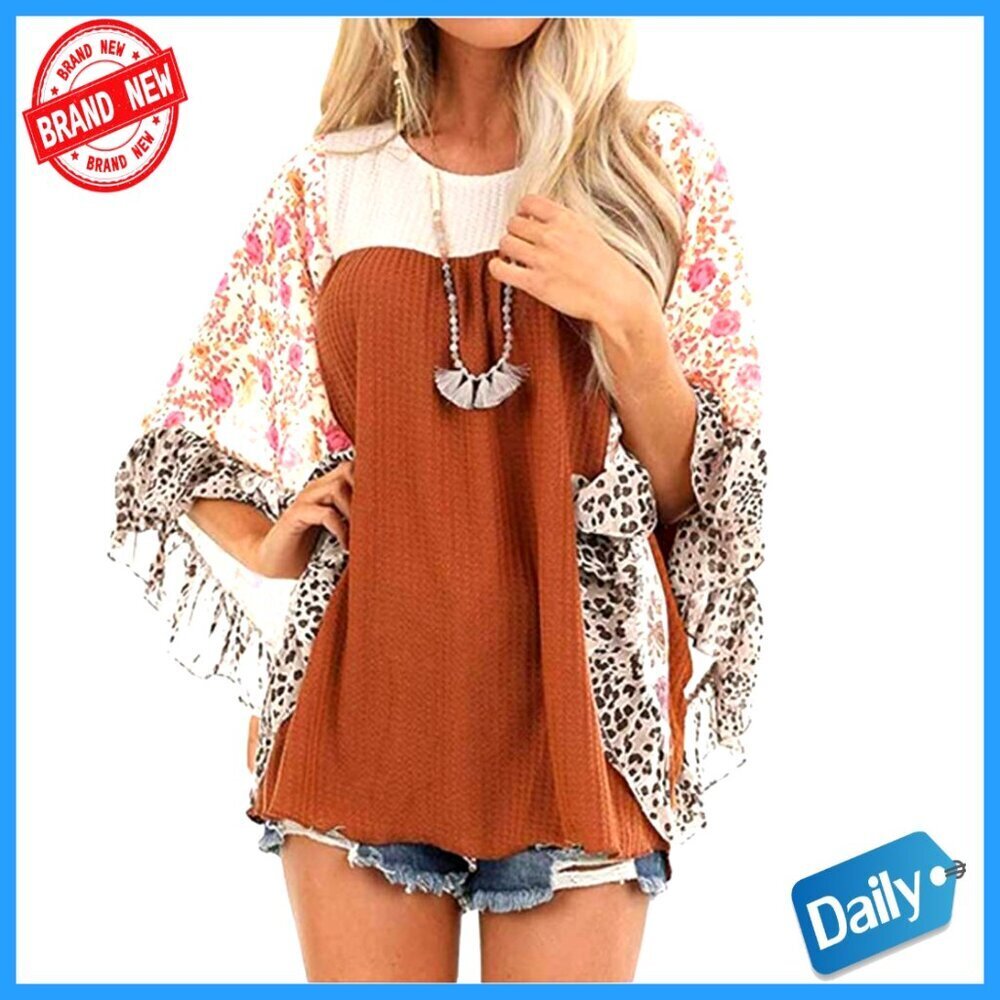 Waffle Knit Blouse with 3/4 Batwing Sleeves, Loose Fit Pullover Top